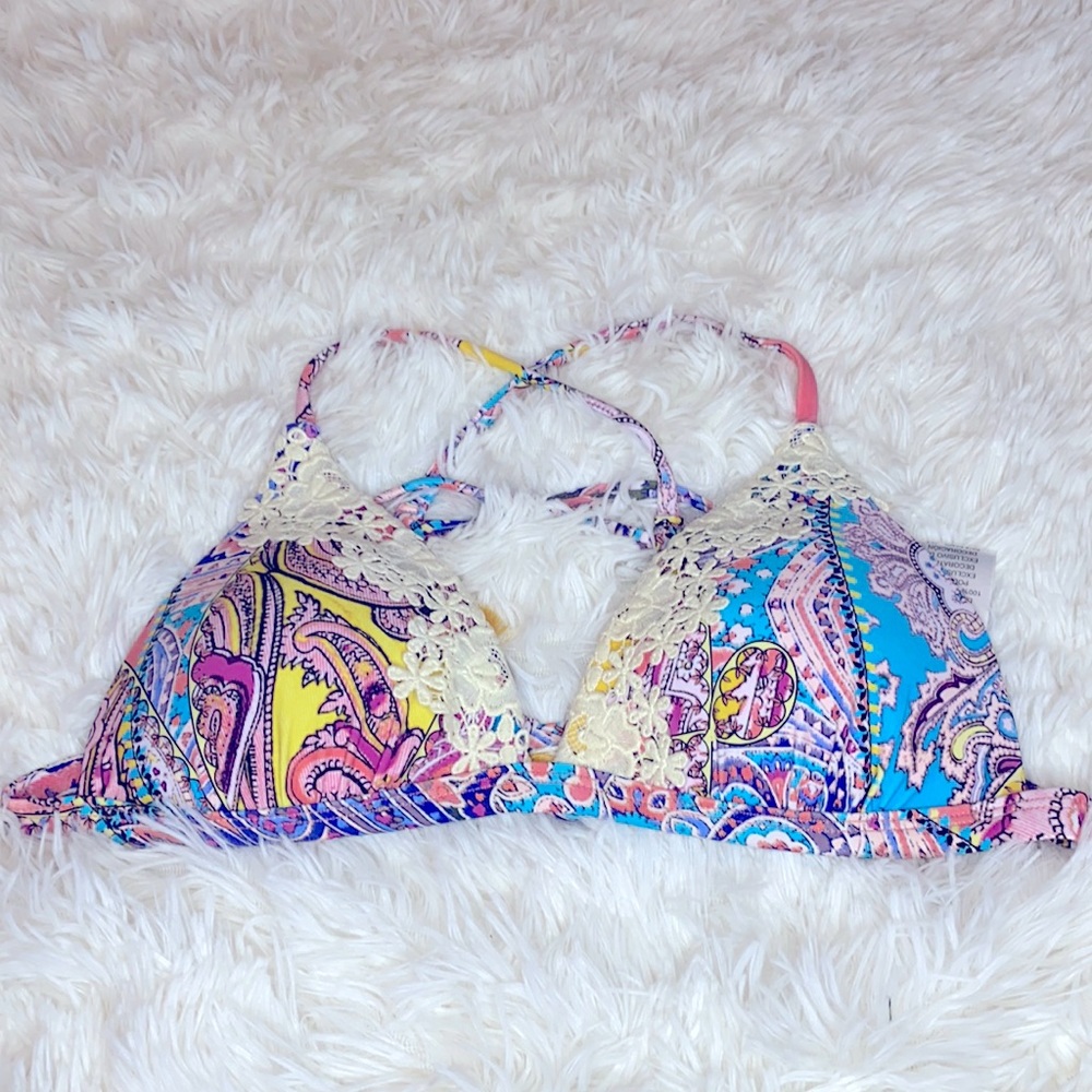 Time & Tru Blue Yellow Paisley Floral Lace Trim Bikini Swim Top Size Small